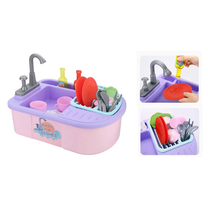 Játék mosogató, élethű tartozékokkal, rózsaszín