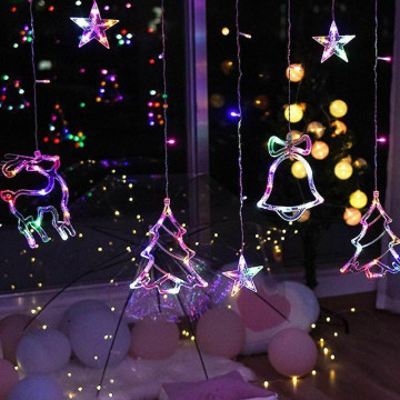 Karácsonyi LED fényfüzér - szarvas, harang, fenyőfa és csillag, multicolor / 470 cm