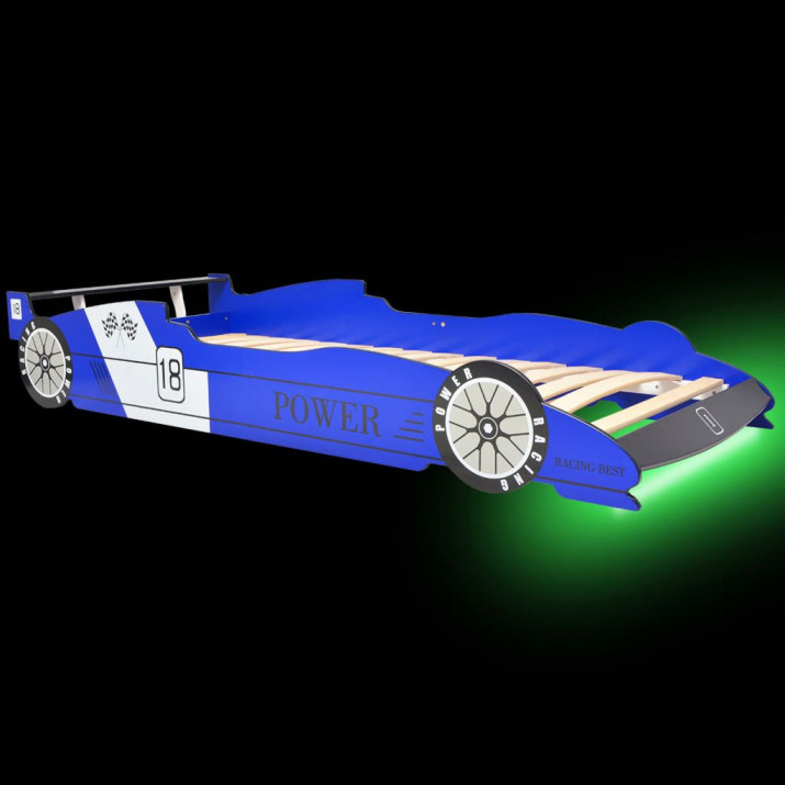 Kék versenyautó alakú LED-es gyerekágy 90 x 200 cm - utánvéttel vagy ingyenes szállítással