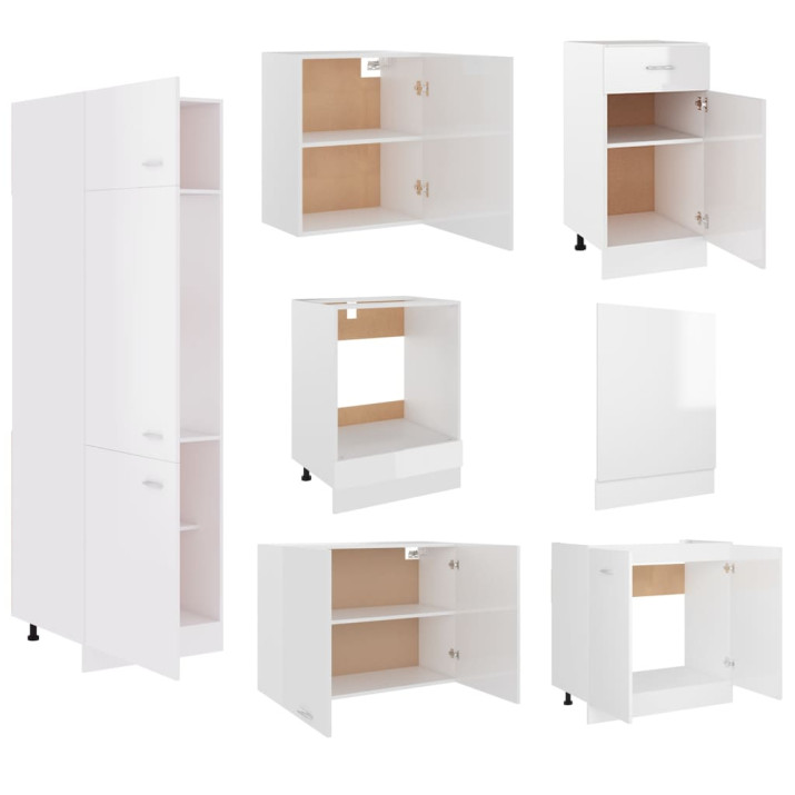 7 részes magasfényű fehér forgácslap konyhai szekrénygarnitúra - utánvéttel vagy ingyenes szállítással