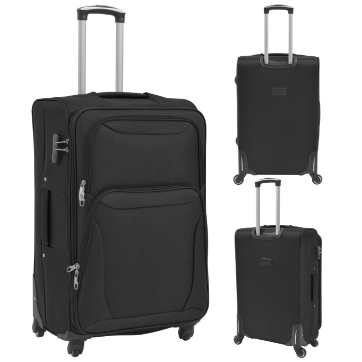 3 darabos, fekete, puha falú görgős bőrönd szett - utánvéttel vagy ingyenes szállítással