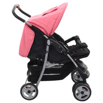 Rózsaszín és fekete acél ikerbabakocsi - utánvéttel vagy ingyenes szállítással