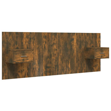 Füstös tölgyszínű szerelt fa ágyfejtámla szekrényekkel - utánvéttel vagy ingyenes szállítással