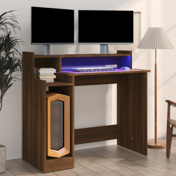 Barna tölgy színű szerelt fa íróasztal LED-ekkel 97x90x45 cm - utánvéttel vagy ingyenes szállítással