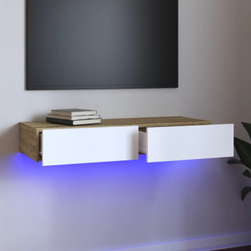 Fehér és sonoma-színű TV-szekrény LED-lámpákkal 90x35x15,5 cm - utánvéttel vagy ingyenes szállítással